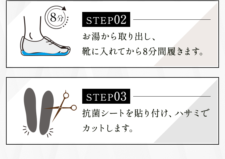 お湯から取り出し、靴に入れてから8分間履きます。